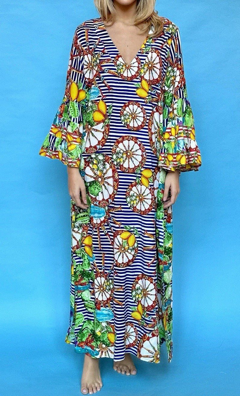 ANTICA SARTORIA 2024 SICILIAN WHEELS LEMONS LONG KAFTAN DRESS L/XL LAST ONE