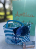 Antica Sartoria 2025 Lemon Blue White Striped Tote Zipper Bag With Tassel NWT