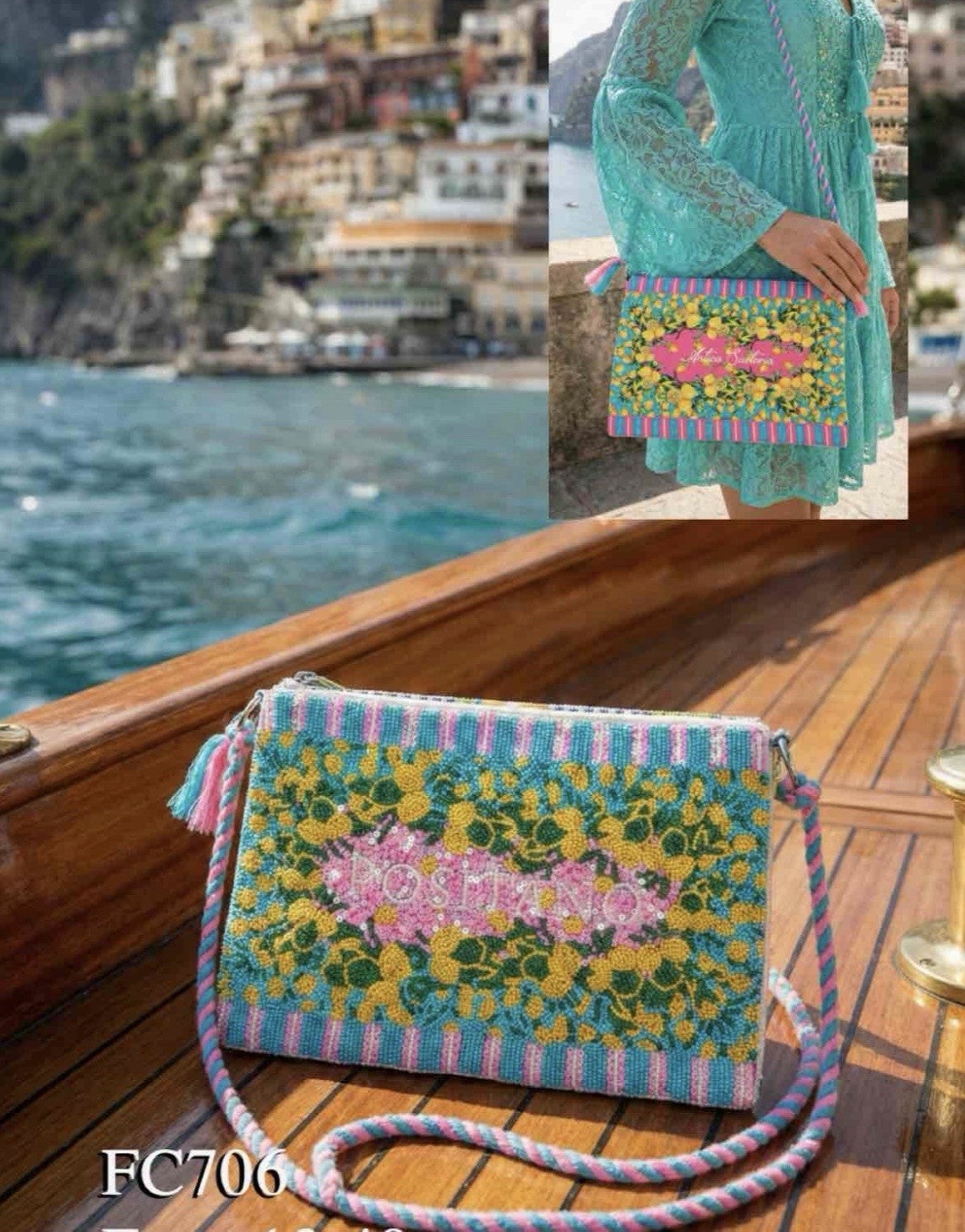 Antica Sartoria 2026 Pink Aqua  Clutch Positano Beaded Bag Gorgeous