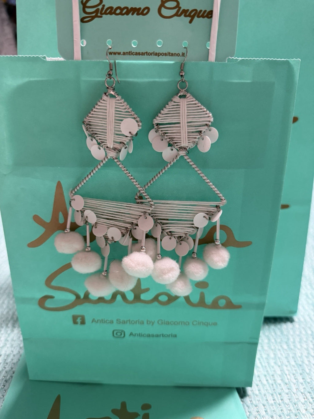 Antica Sartoria Pom Pom Hoop Triangle Earrings Pure White Nwt 🤍