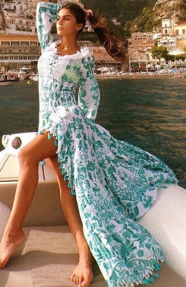 Antica Sartoria 2024 Aqua Long Back Short Front Flower Off Shoulder Dress NWT