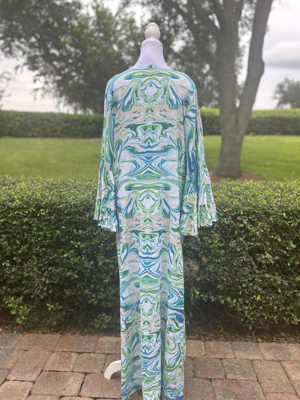 Antica Sartoria 2024 Blue Green White Swirl V Neck Beaded Kaftan Dress Nwt S/M