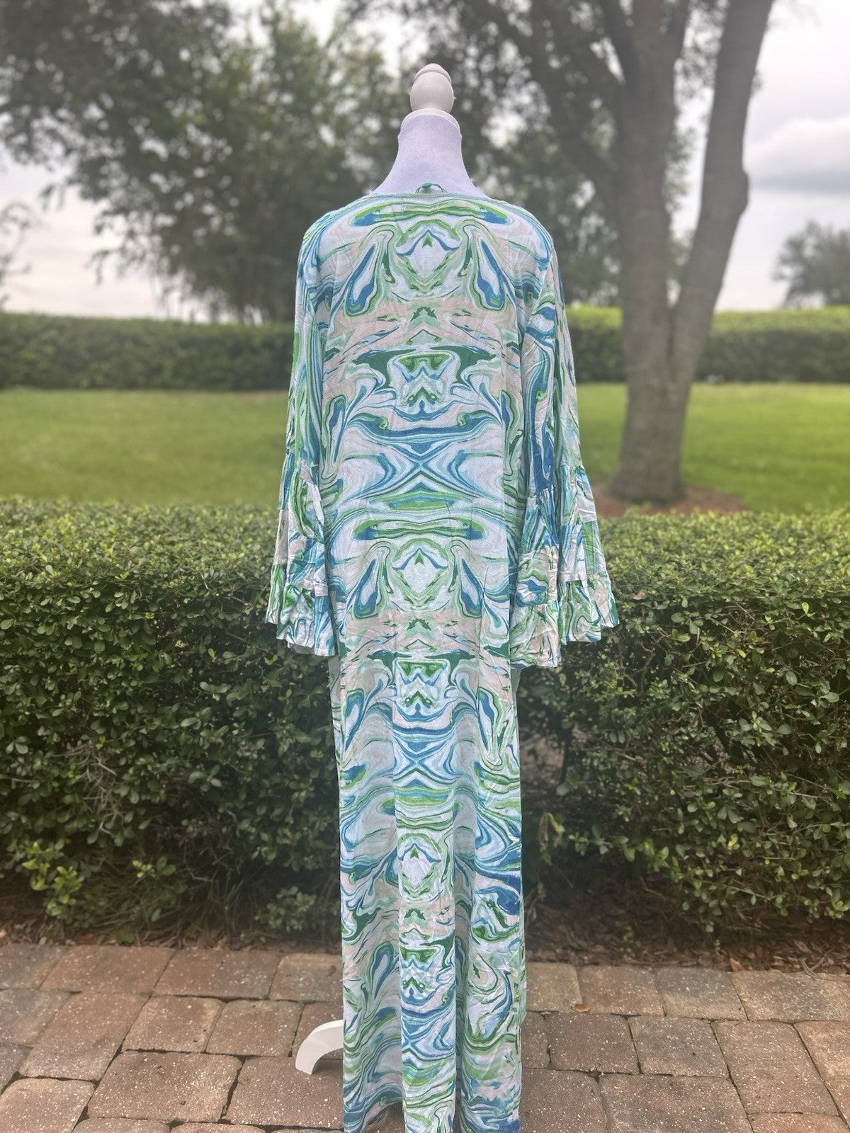 Antica Sartoria 2024 Blue Green White Swirl V Neck Beaded Kaftan Dress Nwt S/M