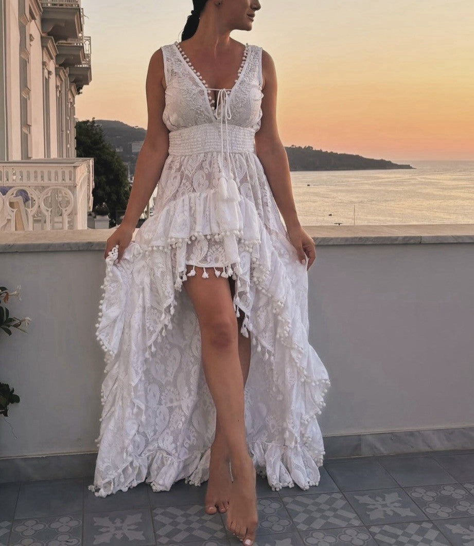 Antica Sartoria Long Back Short Dress White Cotton Lace Dress NWT