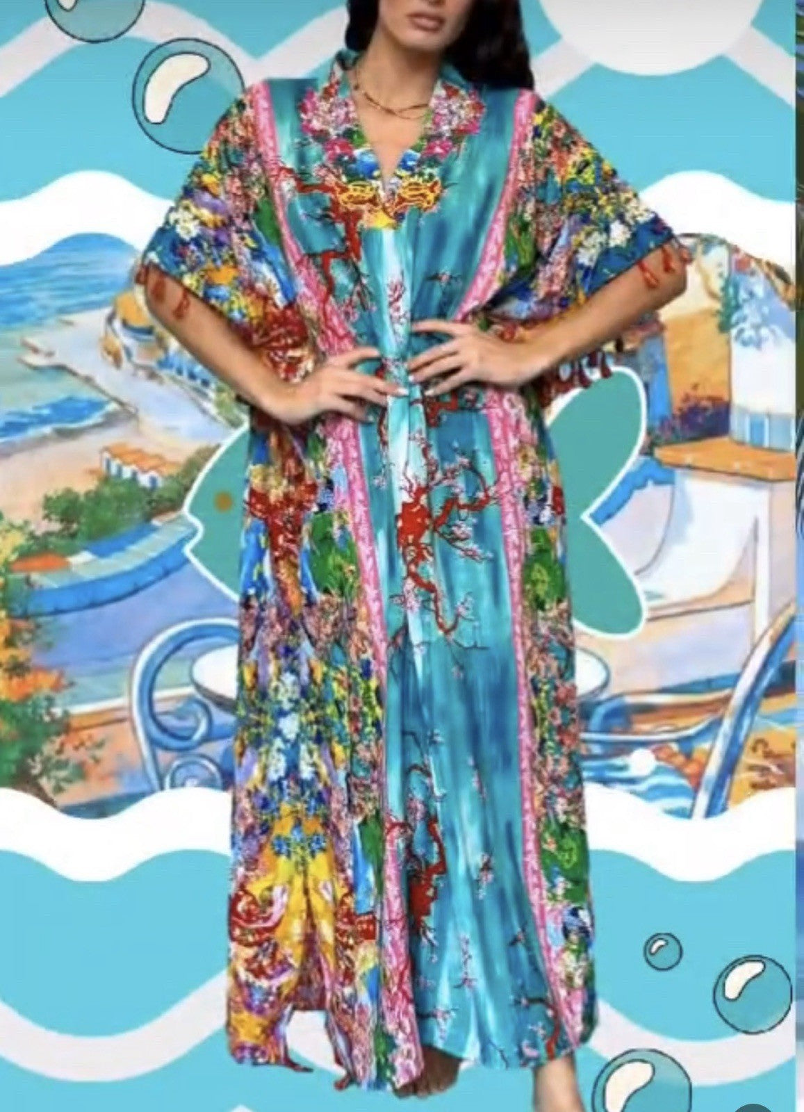 Antica Sartoria 2024 Lemons Coral Asian Long Poncho /Mumu / Kaftan NWT LAST ONE