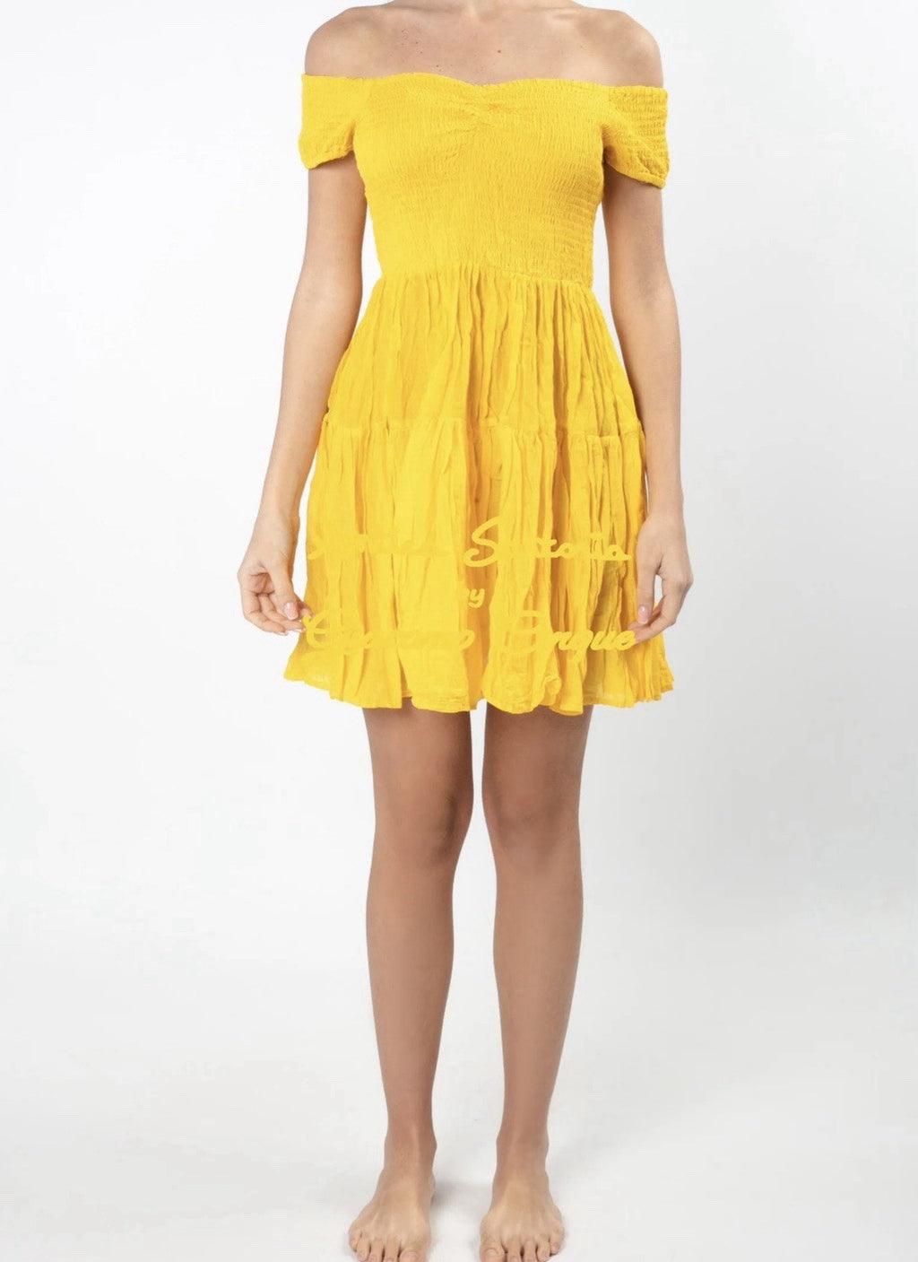 Antica Sartoria 2025 Smocked Sunny Yellow Off Shoulder Dress Nwt
