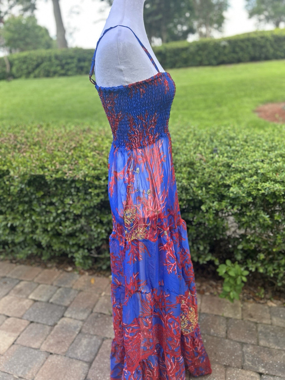Antica Sartoria Blue And Red Coral & Gold Smocked Top STRAPPY Dress NWT O/S