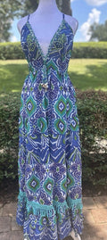 Antica Sartoria 2024 Gorgeous Bead Work Long Blue Green V Neck Halter Dress NWT