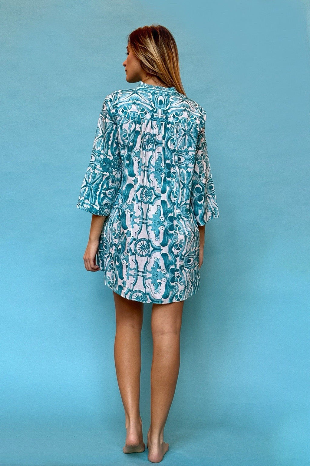 ANTICA SARTORIA AQUA WHITE ARABESQUE BUTTON DOWN SHORT DRESS NWT LARGE BIG SALE