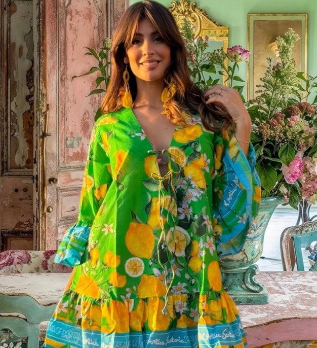 Antica Sartoria 2026 Green Blue Lemon 🍋 Tie Front Dress NWT O/S