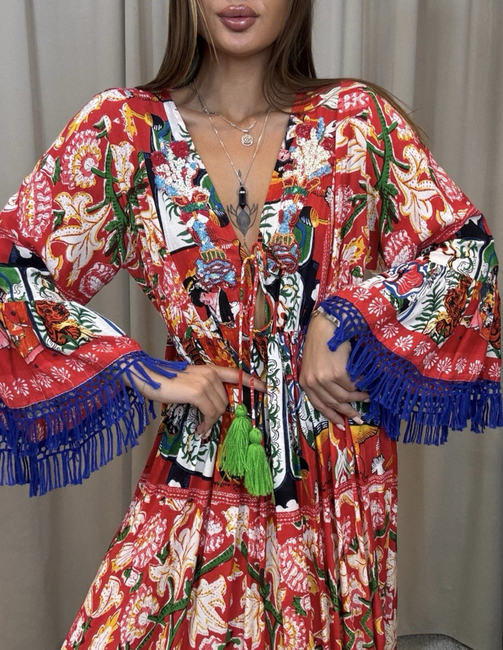 Antica Sartoria Red Asian Print Gorgeous Beaded Dress Nwt O/S