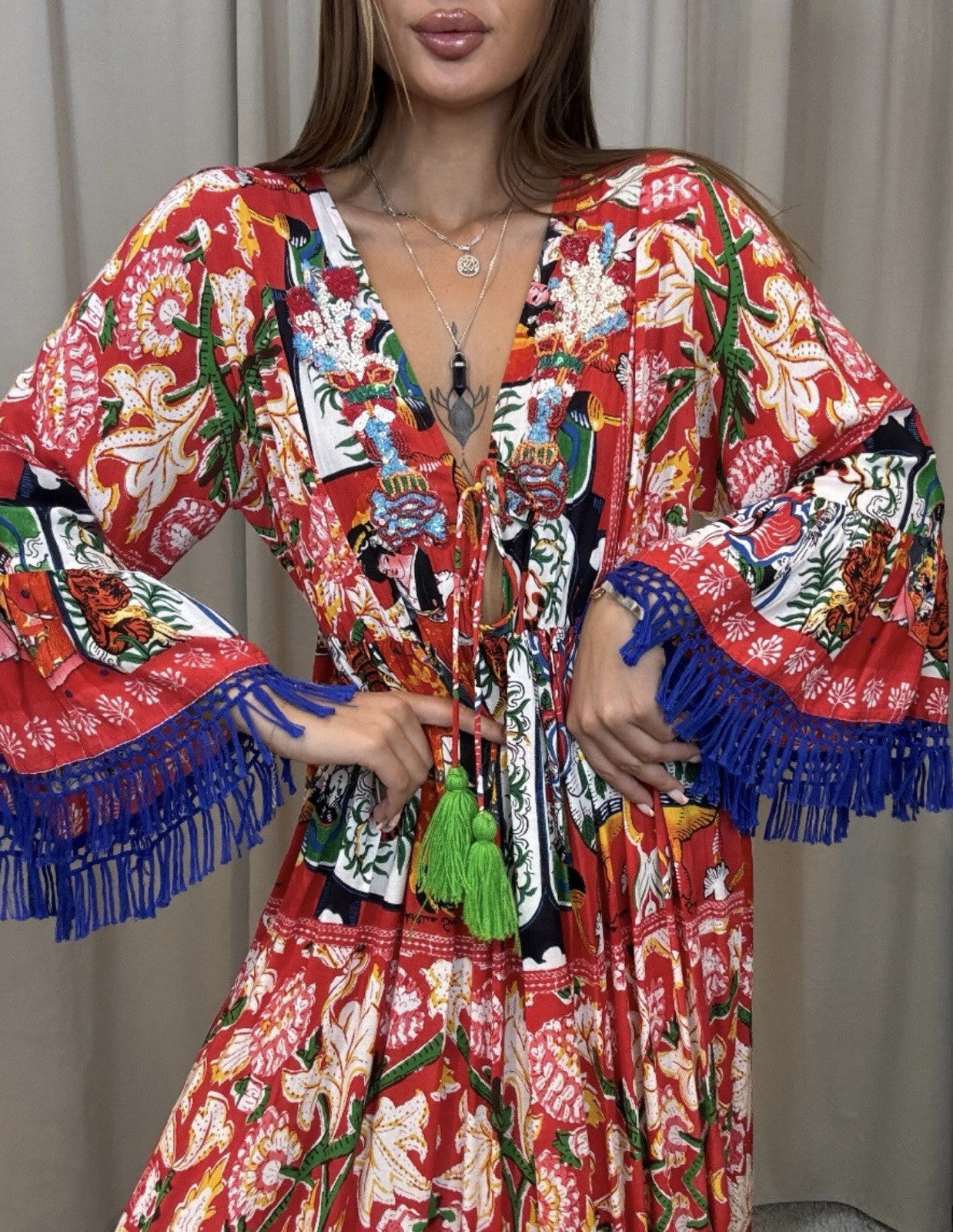 Antica Sartoria Red Asian Print Gorgeous Beaded Dress Nwt O/S