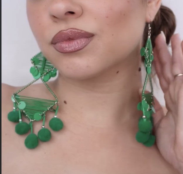 Antica Sartoria Pom Pom Hoop Triangle Earrings 💚 Green Nwt