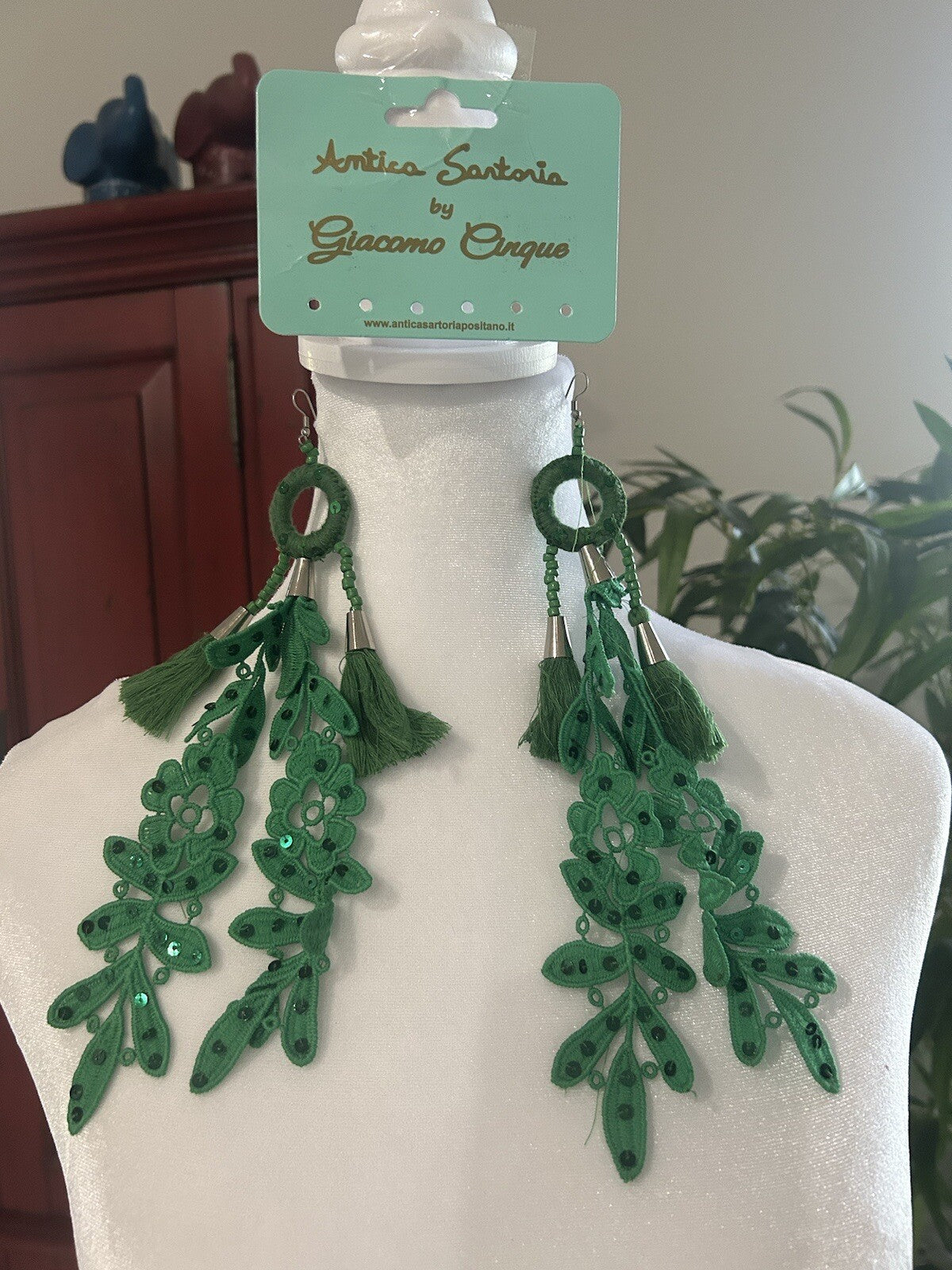 ANTICA SARTORIA GREEN FLOWERS POM POMS EARRINGS PIERCED  NWT