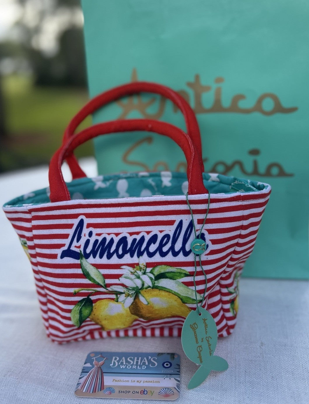 Antica Sartoria 2025 Lemon Red White Striped Tote Zipper Bag NWT