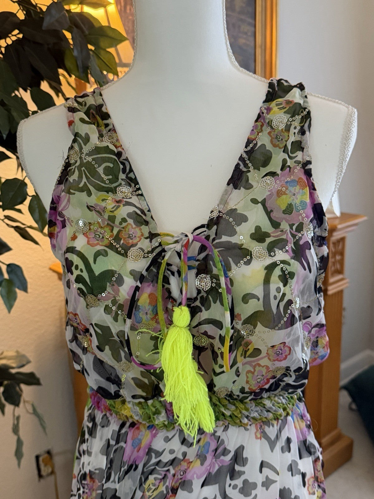 Antica Sartoria Beaded Colorful Green Black Pink High Low Sleeveless Dress O/S