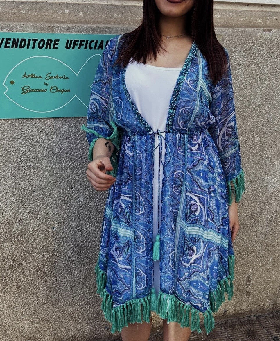 Antica Sartoria Blue And White Kimono Cover Up Nwt
