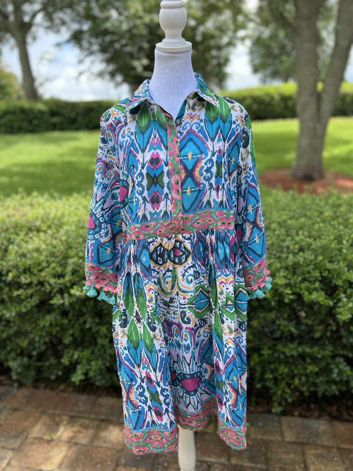 Antica Sartoria Button Down Blue Green Pink Collar Dress NWT S/M Colorful