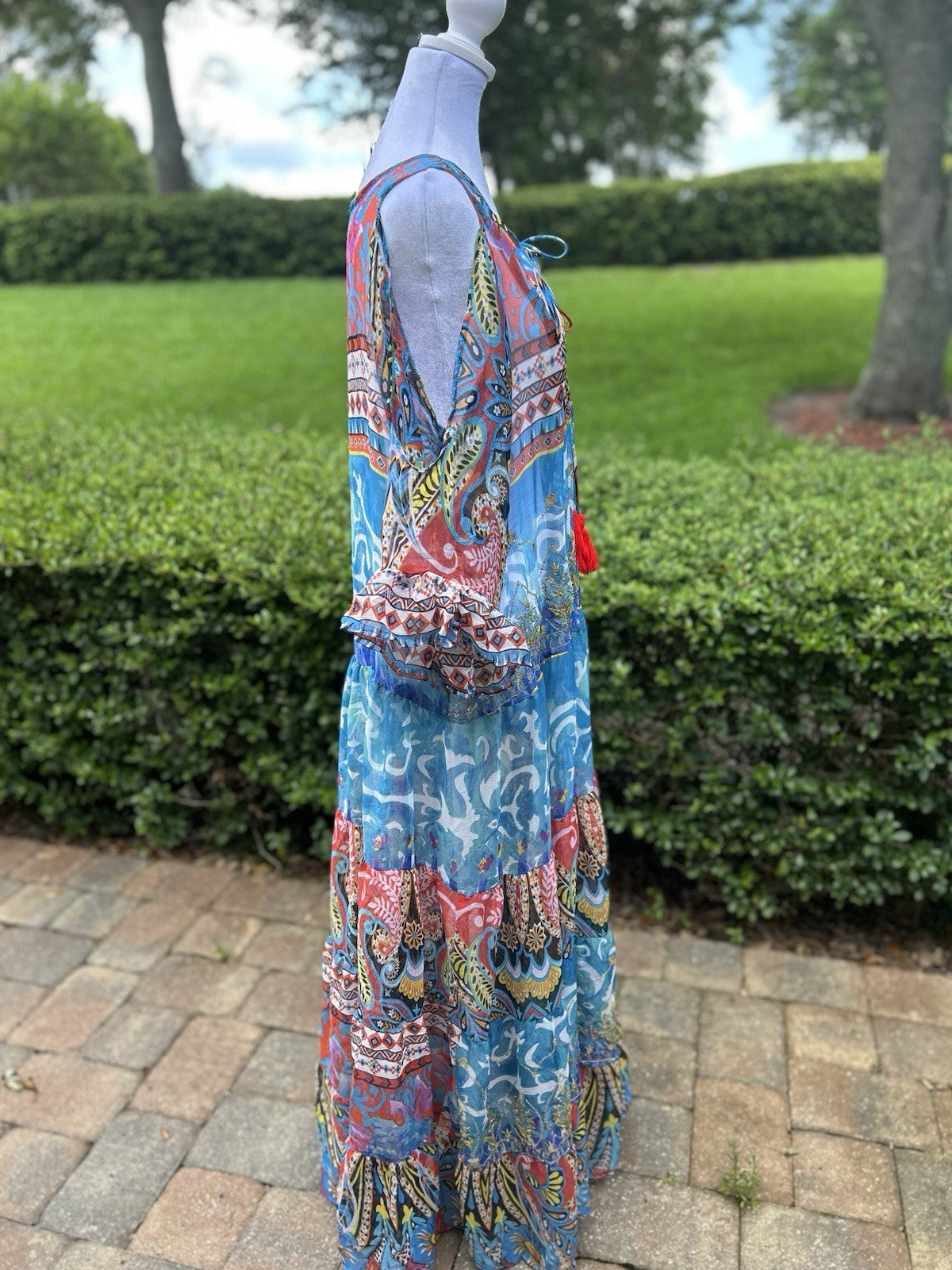 Antica Sartoria Long FLOWEY peek a boo sleeve Dress Blue & Pink Beautiful NWT OS