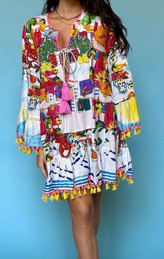 ANTICA SARTORIA 2024 SCENES OF NAPOLI TIE FRONT DRESS PINK BLUE NWT O/S