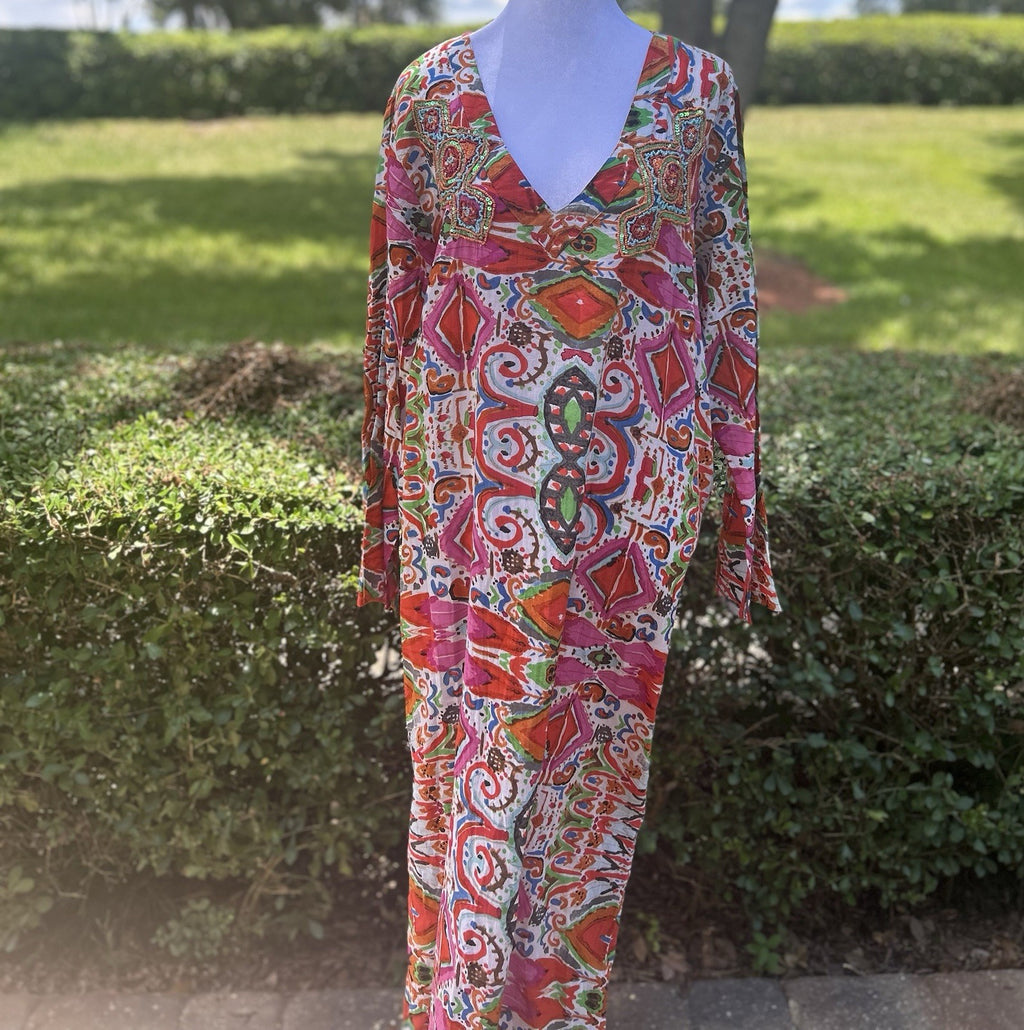 Antica Sartoria 2024 Orange & Pink Evil Eye Long V Neck Beaded Kaftan Mumu L/xL