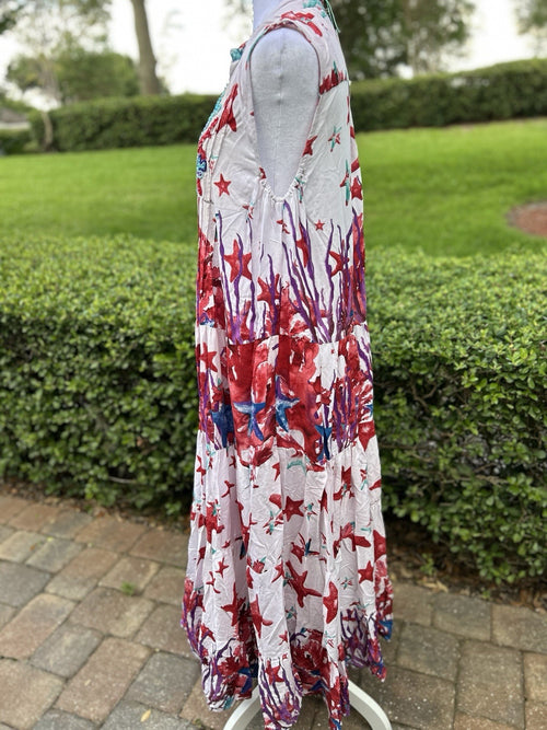 ANTICA SARTORIA 2024 STARFISH & CORAL RED SLEEVELESS LOVELY LONG DRESS NWT O/S