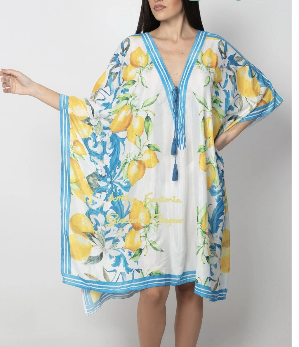 ANTICA SARTORIA 2025 LEMON BLUE WHITE GORGEOUS TIE FRONT COVER UP PONCHO KAFTAN