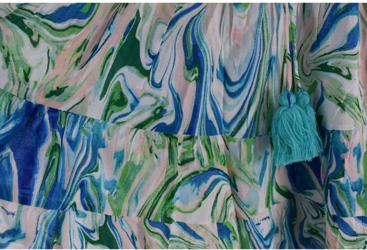 ANTICA SARTORIA 2024 AQUA BLUE WHITE &GREEN SWIRLS TIE FRONT DRESS NWT O/S