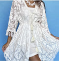 Antica Sartoria White On White Flower  Embroidered Beaded Tie Front Short Kaftan