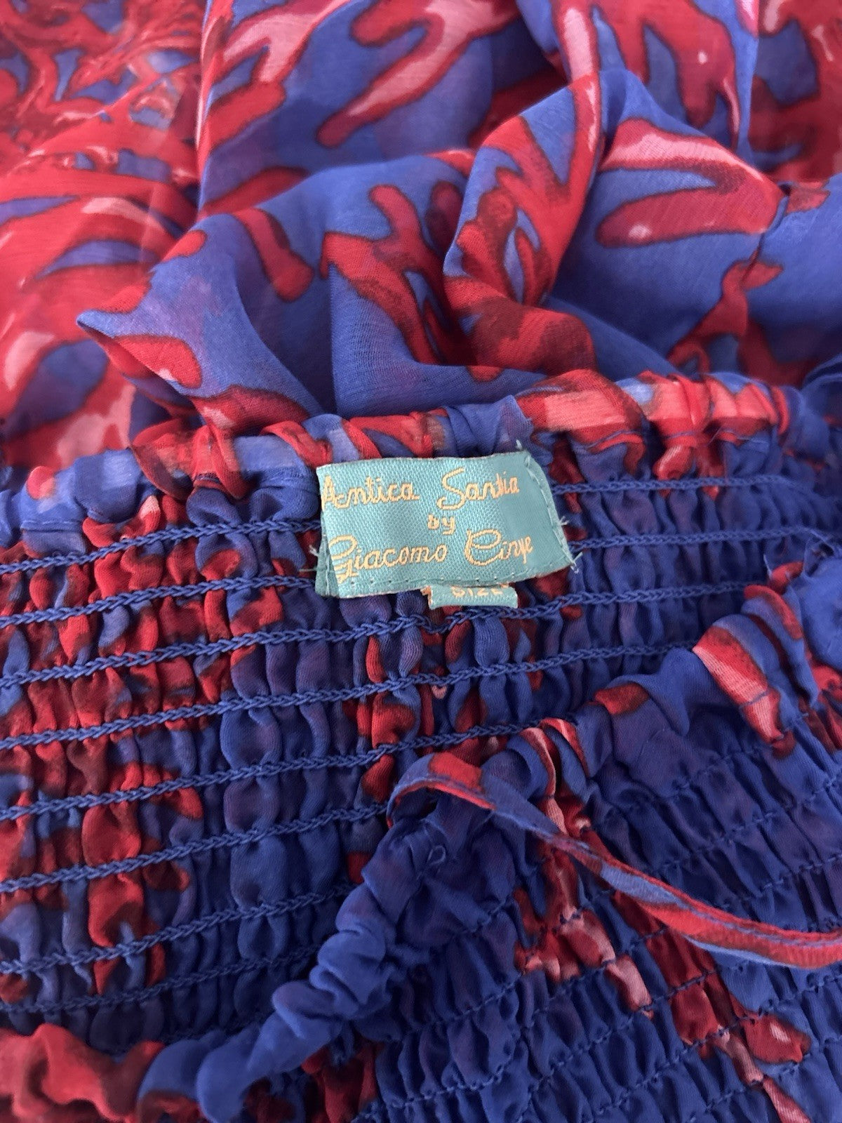 Antica Sartoria Blue And Red Coral & Gold Smocked Top STRAPPY Dress NWT O/S