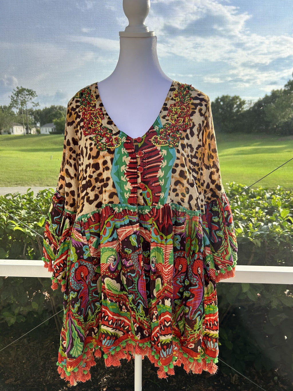 Antica Sartoria Leopard & Flowers 3 Button Flare Dress Top 🐆❤️💚