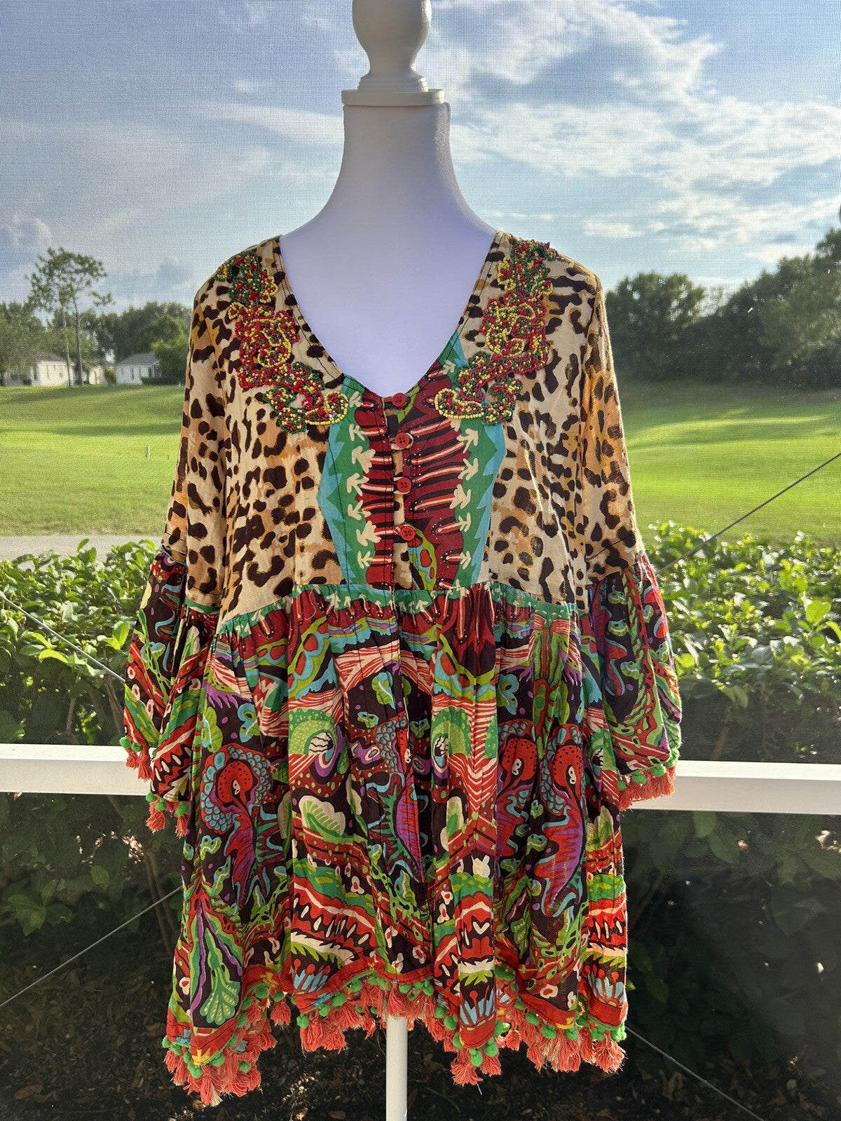 Antica Sartoria Leopard & Flowers 3 Button Flare Dress Top 🐆❤️💚