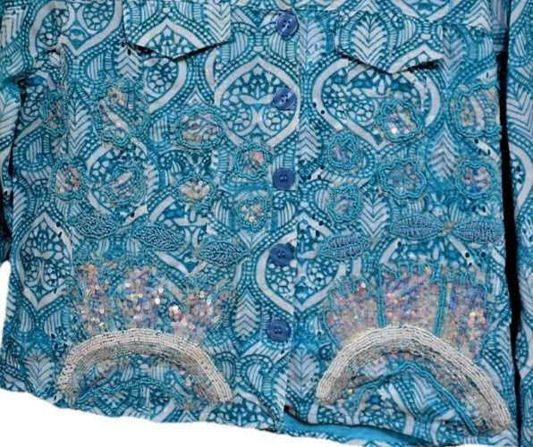Antica Sartoria 2025 Beautiful Blue White Print Antica Beaded Jacket Medium NWT