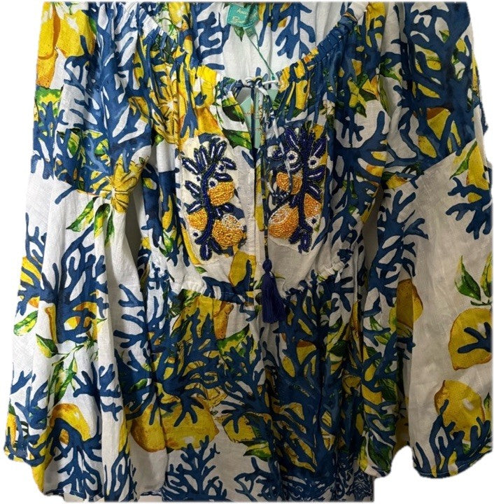 Antica Sartoria Lemon 🍋 Blue Yellow Off Shoulder Romper Nwt O/S