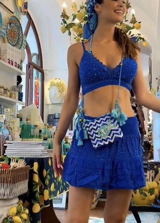 Antica Sartoria 2024 Cobalt Blue Beaded Skirt And Bra Top NWT O/S