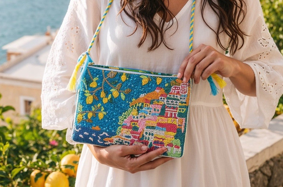 Antica Sartoria 2026 Positano Beaded Clutch Bag Gorgeous Blue Green White Nwt