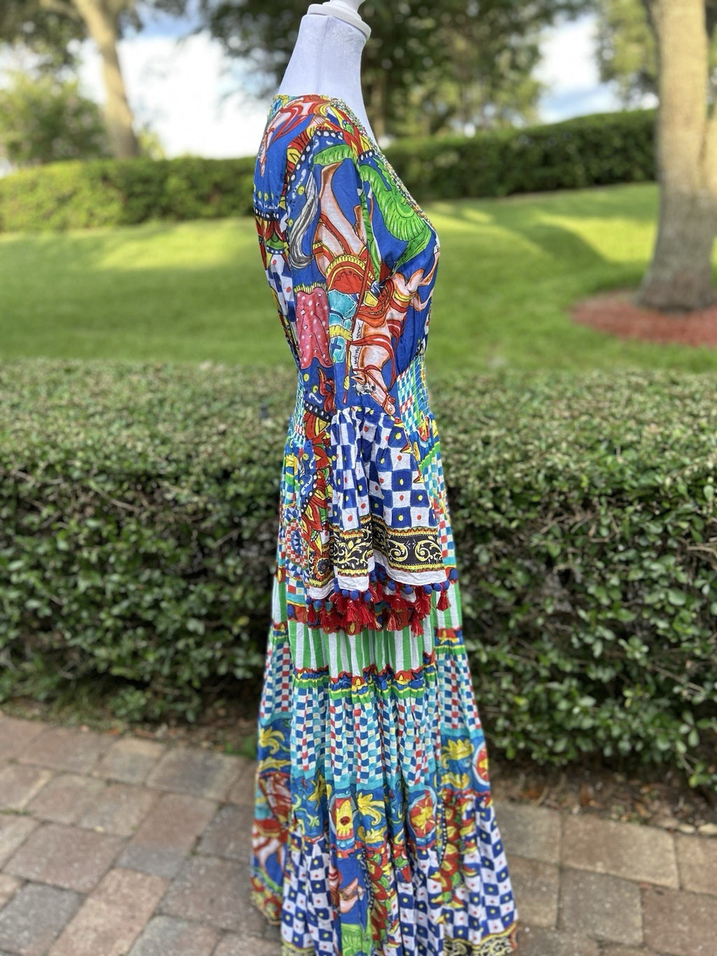 Antica Sartoria 2024 Gorgeous Green & Blue Long V Neck Beaded Top Dress NWT O/S