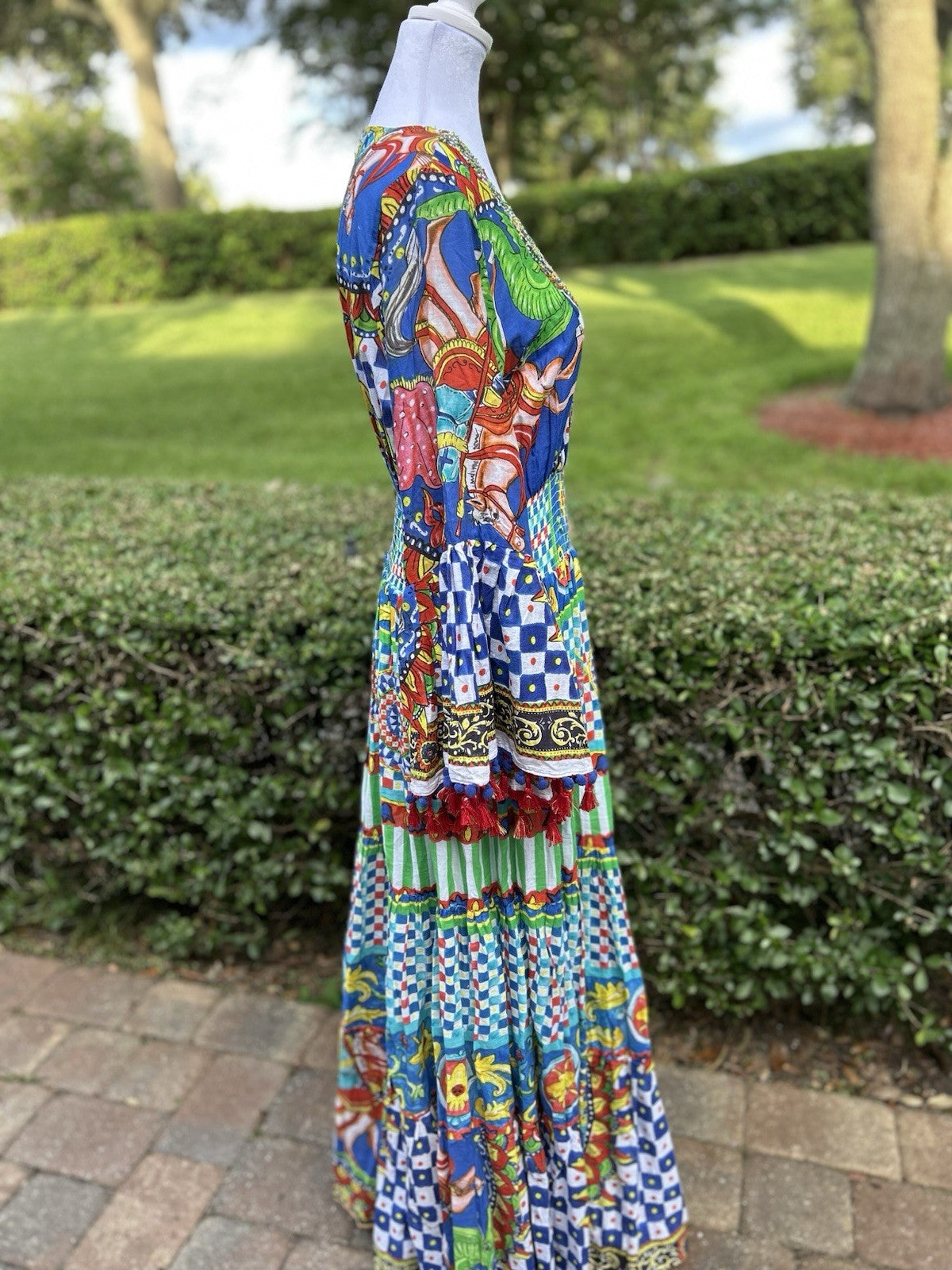 Antica Sartoria 2024 Gorgeous Green & Blue Long V Neck Beaded Top Dress NWT O/S