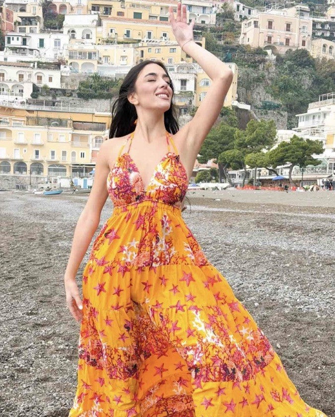 Antica Sartoria 2026 Orange Red Stars & Corals Long Halter Dress NWT O/S