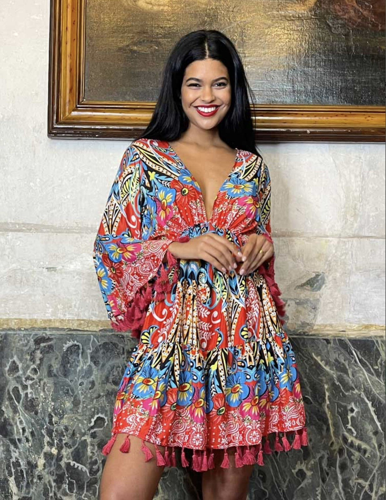 ANTICA SARTORIA 2023 BLUE RED A LINE DRESS V NECK