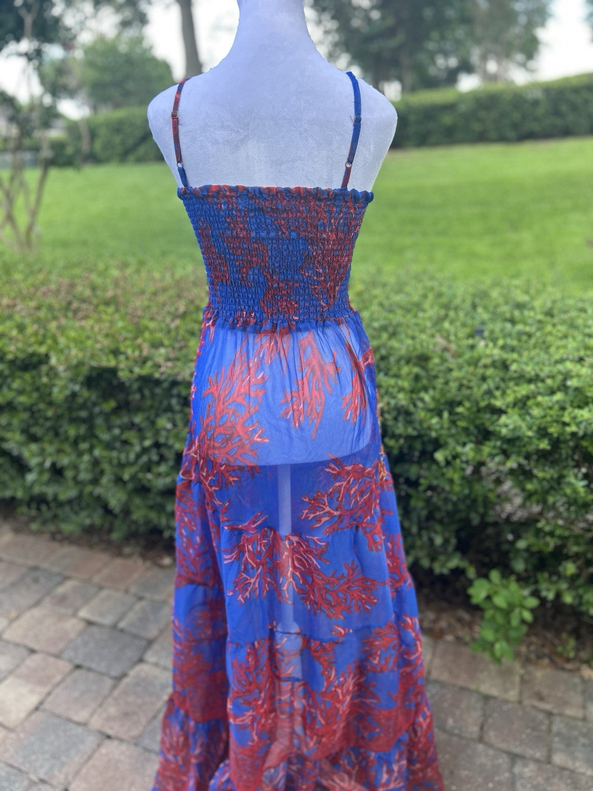 Antica Sartoria Blue And Red Coral & Gold Smocked Top STRAPPY Dress NWT O/S