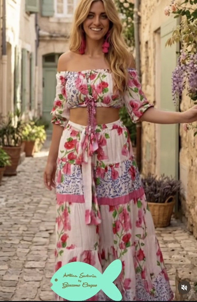 Antica Sartoria 2026 Pink Flowers Smocked Top & Flare Long Skirt NWT O/S