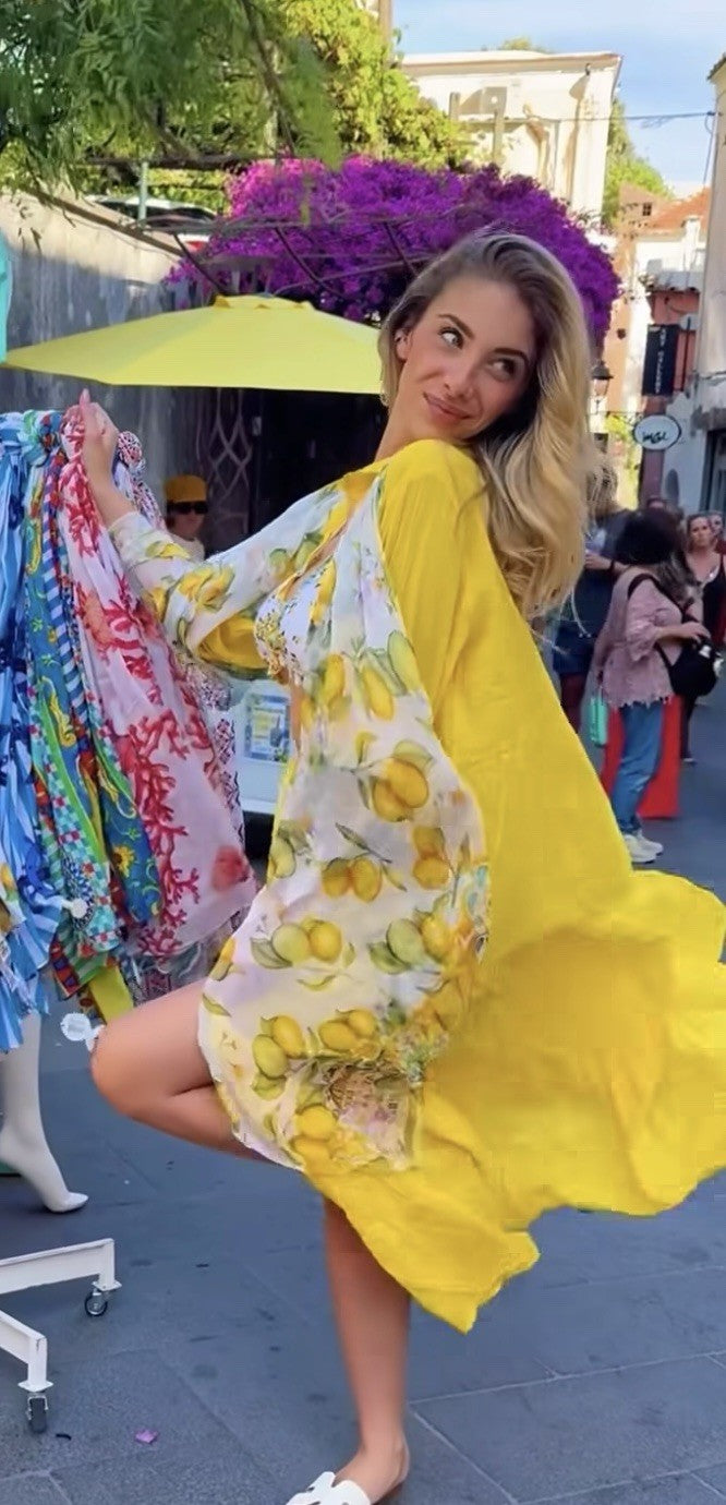 ANTICA SARTORIA 2025 YELLOW BUTTON DOWN LONG DRESS/MUMU KAFTAN NWT O/S