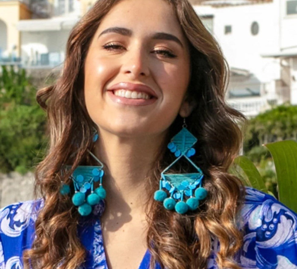 Antica Sartoria Pom Pom Hoop Blue Triangle Earrings Turquoise 💙