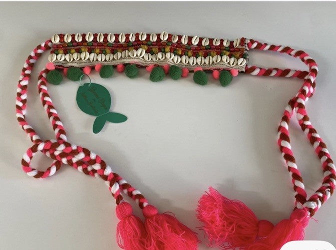 ANTICA SARTORIA MULTI COLORED BELT WITH SHELLS & POMPOMS NWT