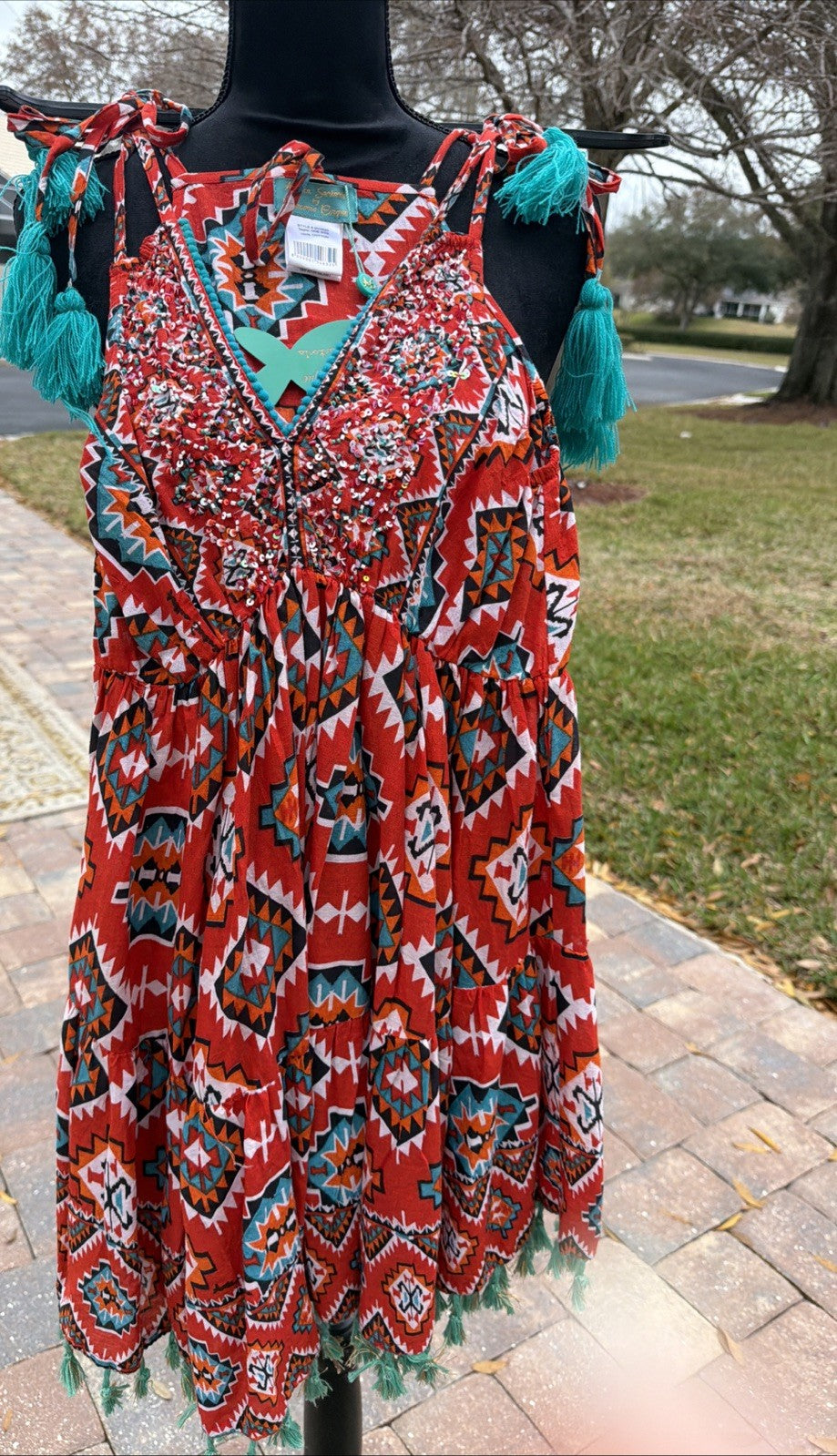 Antica Sartoria Scrappy Red Green V Neck Beaded Dress NWT O/S