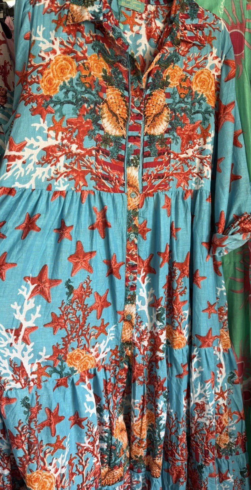 Antica Sartoria 2026 Aqua Coral Fish & Stars Long Flowy Belted Button Down Dress