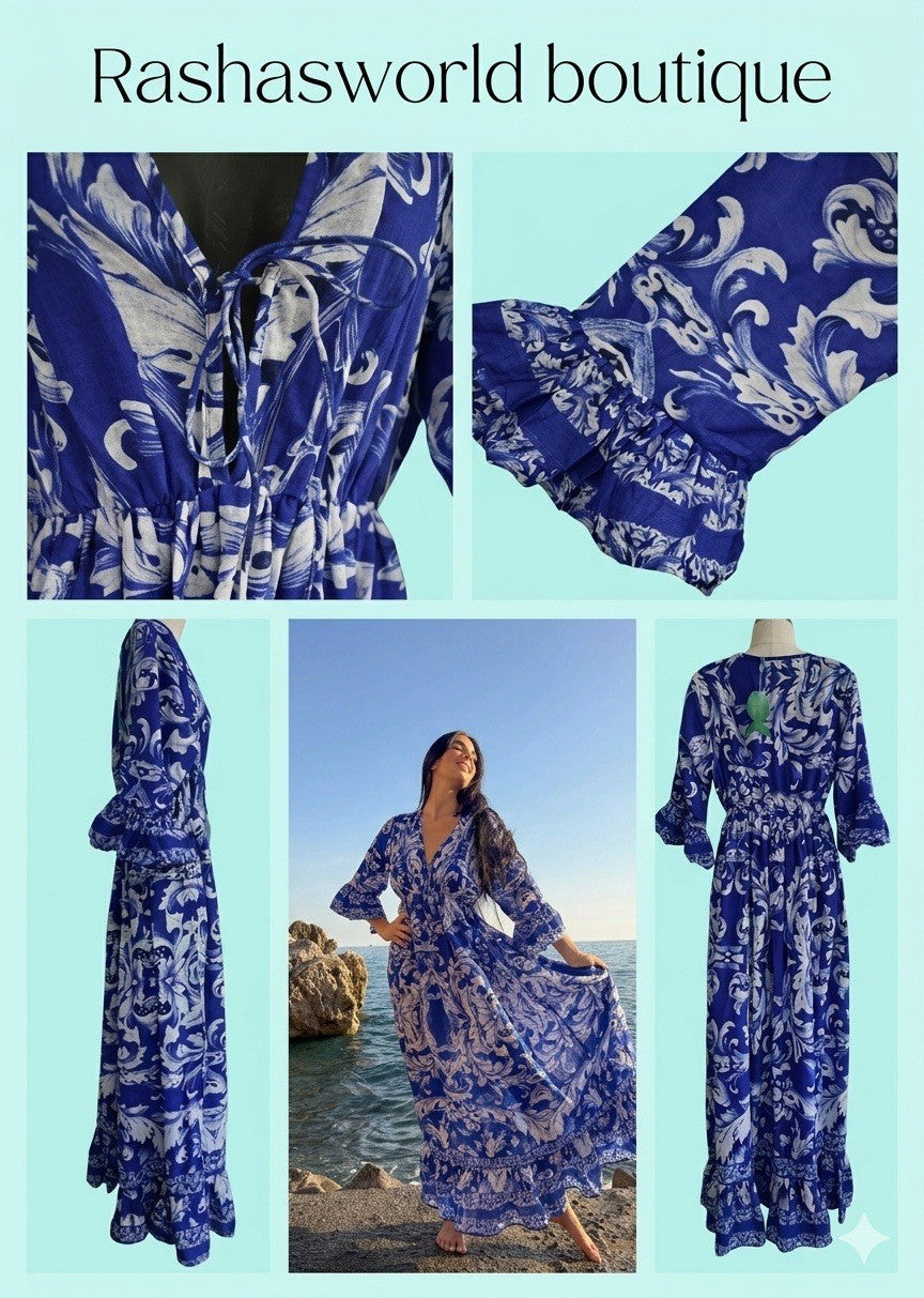 Antica Sartoria 2026 Long Blue White Flower Print Dress Nwt O/S