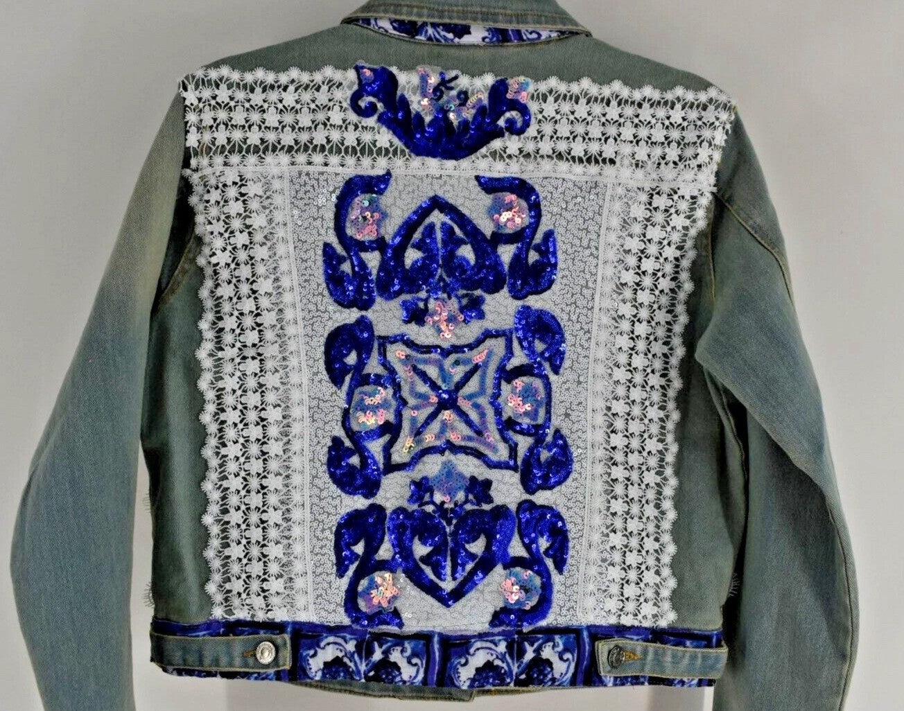 ANTICA SARTORIA 2024 BEAUTIFUL FLOWERS & LACE JEAN JACKET LARGE NWT