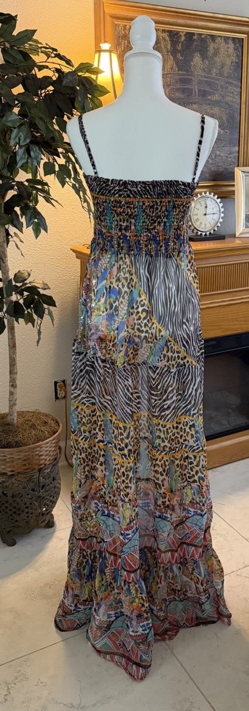 Antica Sartoria Smocked Top Sequins Long Animal Print Chiffon Dress O/S